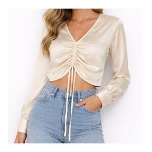 ASTR the Label Satin Cream Ruched Front Long Sleeve Crop Top Small